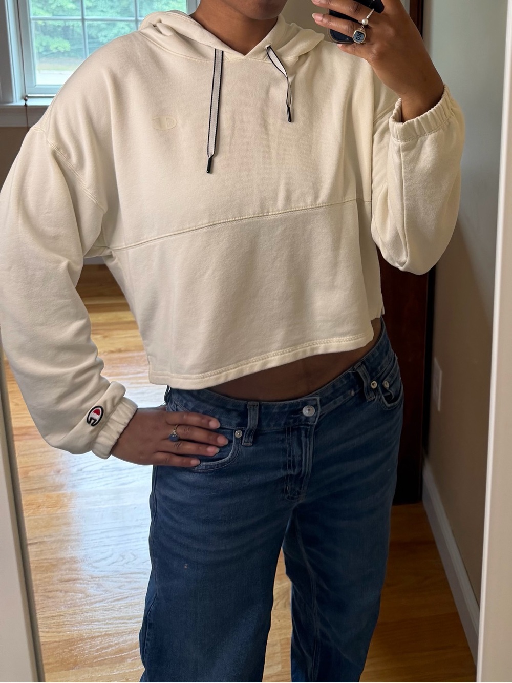 Champion Cream Cropped Hoodie with Contrast Drawstrings